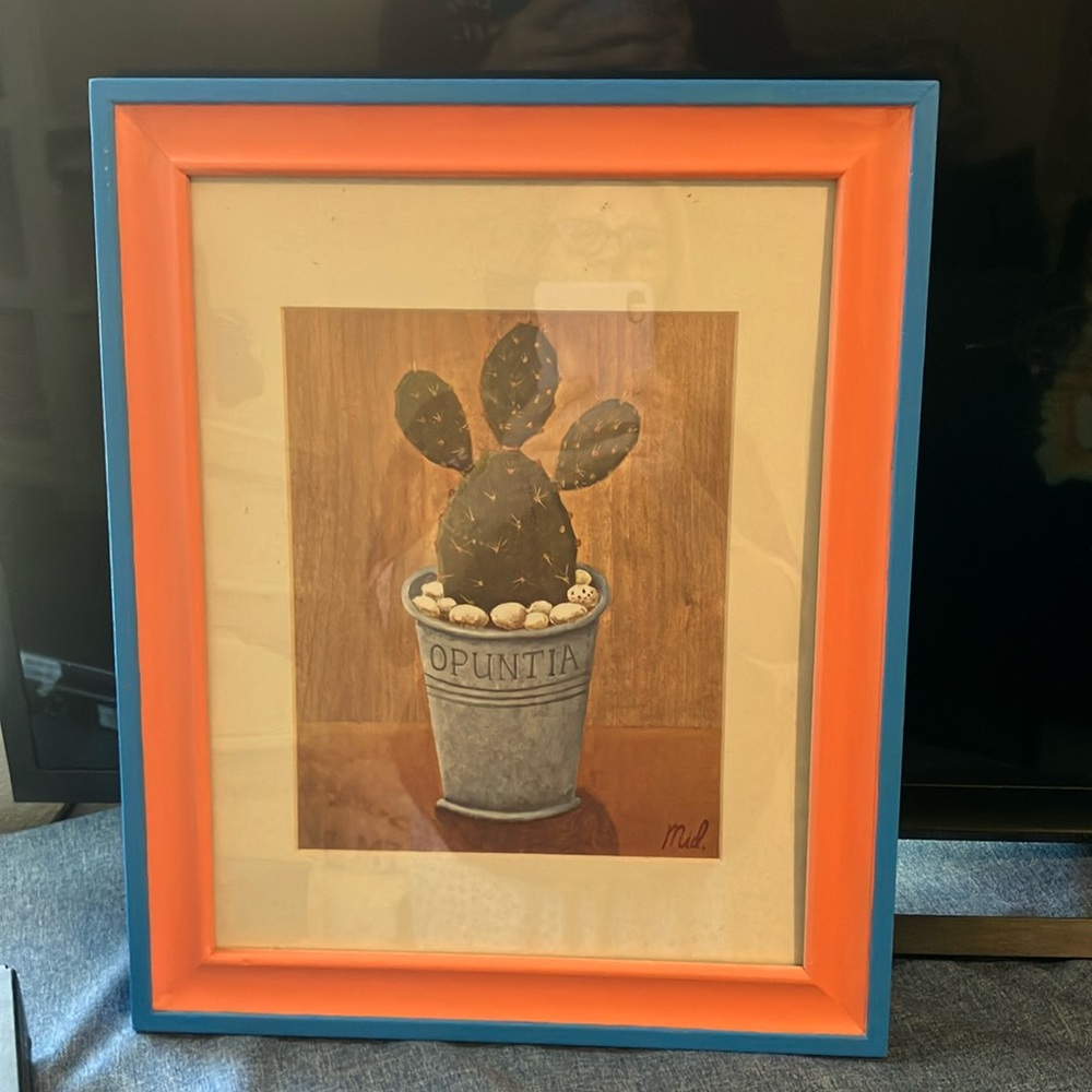 Cactus Framed & Matted Picture With Hand Painted Frame 16 3/4” x 13 1/2” x 3/4”